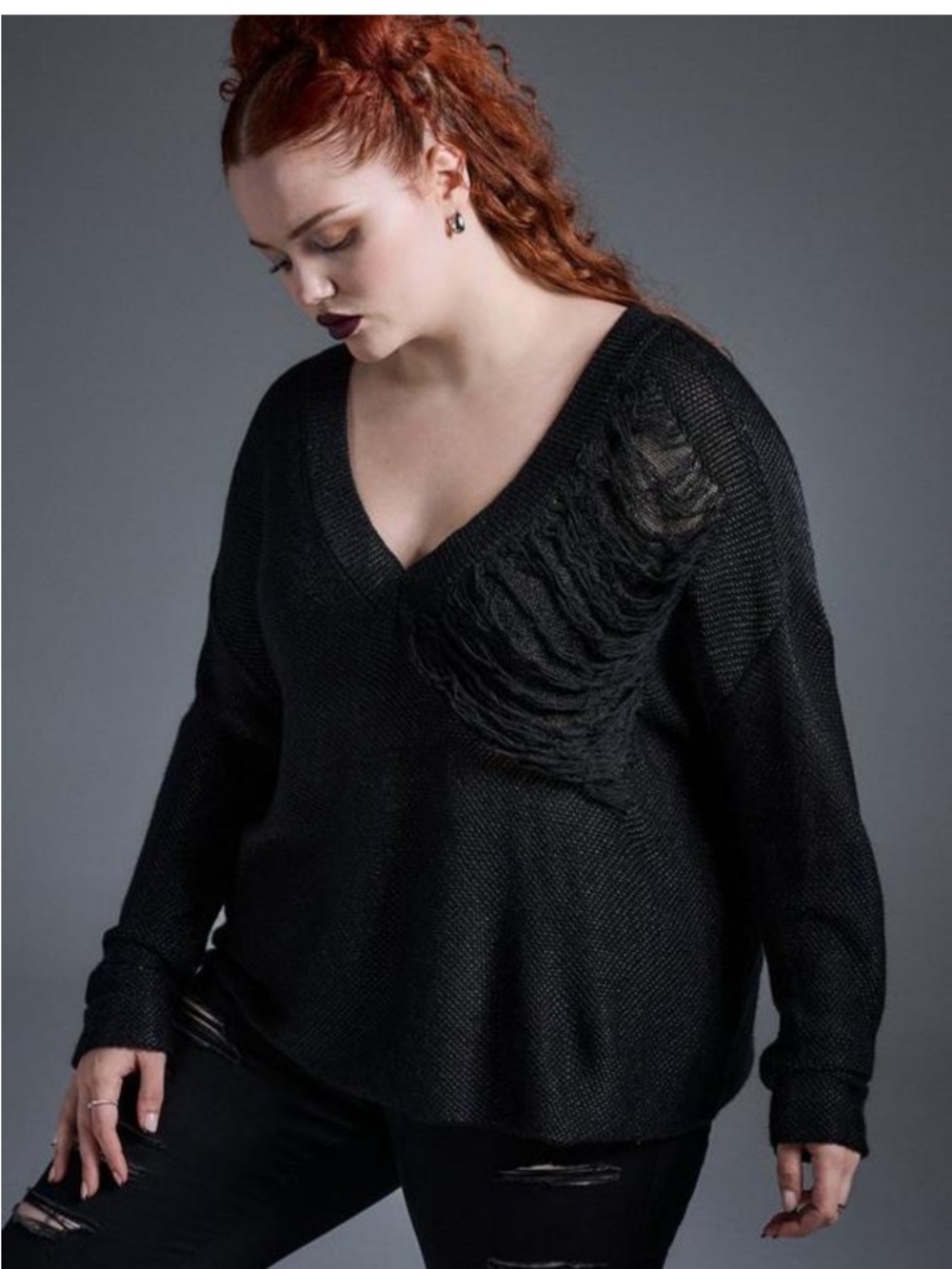 torrid Black V-Neck Fringe distressed Detail Sweater nwt